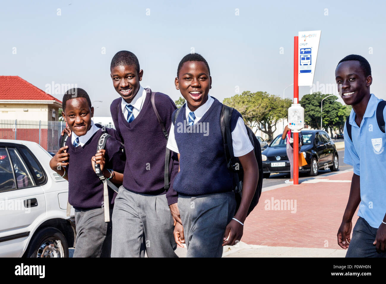 Cape Town South Africa,Zonnebloem,Black Afro American,boy,teen teens teenager teenagers friends,student students school uniform,SAfri150311061 Stock Photo