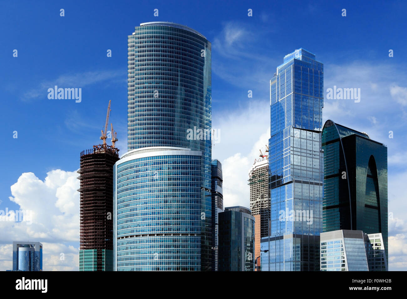 Group of contemporary skyscrapers in Moscow City Business Center. Stock Photo