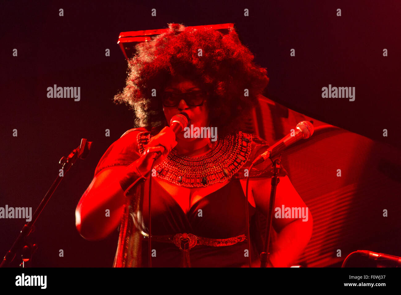 Glanusk Park near Brecon, Wales, 21st August 2015. The first day of The Green Man music festival in the Brecon Beacons Mountains in Wales. The crowds had to dodge the frequent rain storms throughout the day. Pictured: SUN RA ARKESTRA on the Far Out Stage. Credit: Rob Watkins/Alamy Live News Team Stock Photo