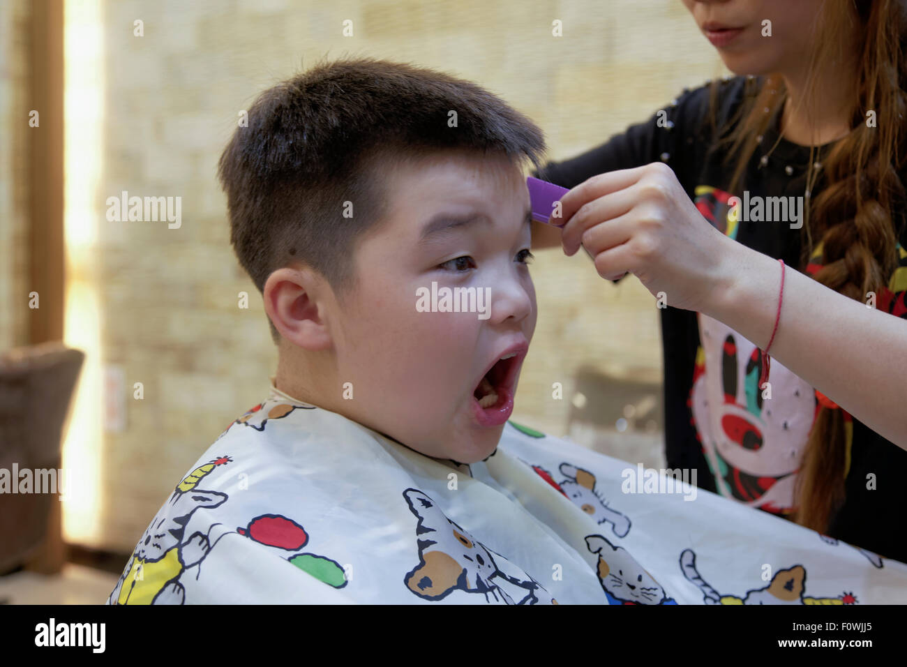a 7 year old mixed race boy getting a hair cut Stock Photo - Alamy