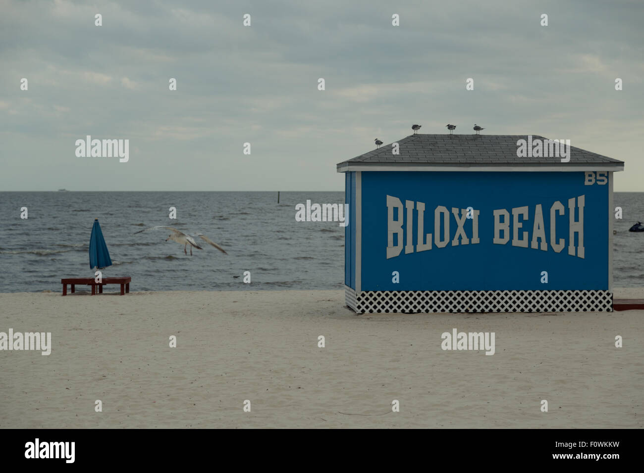 A photograph of Biloxi Beach on the Mississippi Sound in Mississippi, USA. The City of Biloxi, is a city in Harrison County, MS. Stock Photo