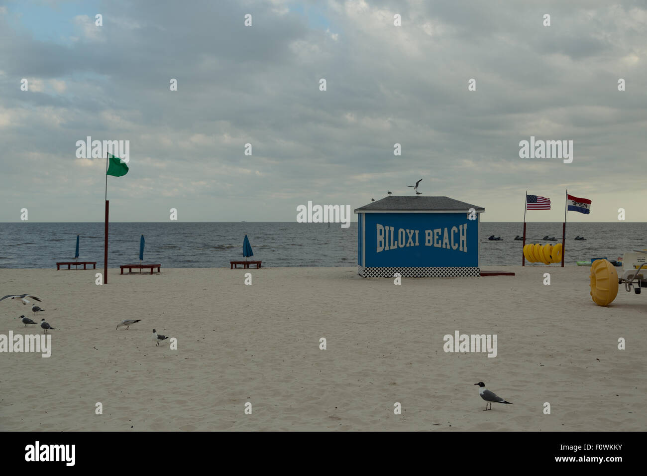 A photograph of Biloxi Beach on the Mississippi Sound in Mississippi, USA. The City of Biloxi, is a city in Harrison County, MS. Stock Photo