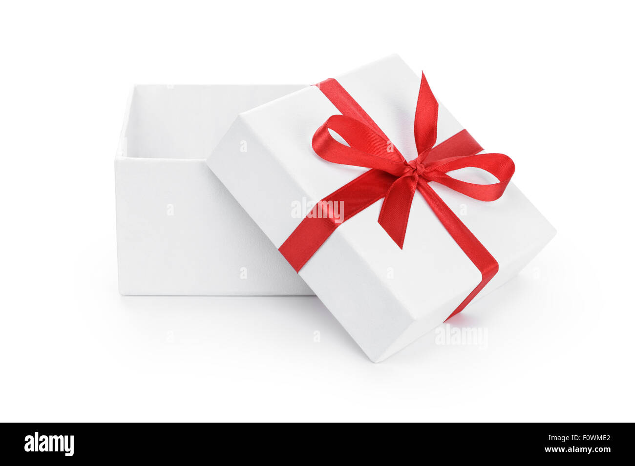 open white present paper box with red ribbon bow Stock Photo - Alamy