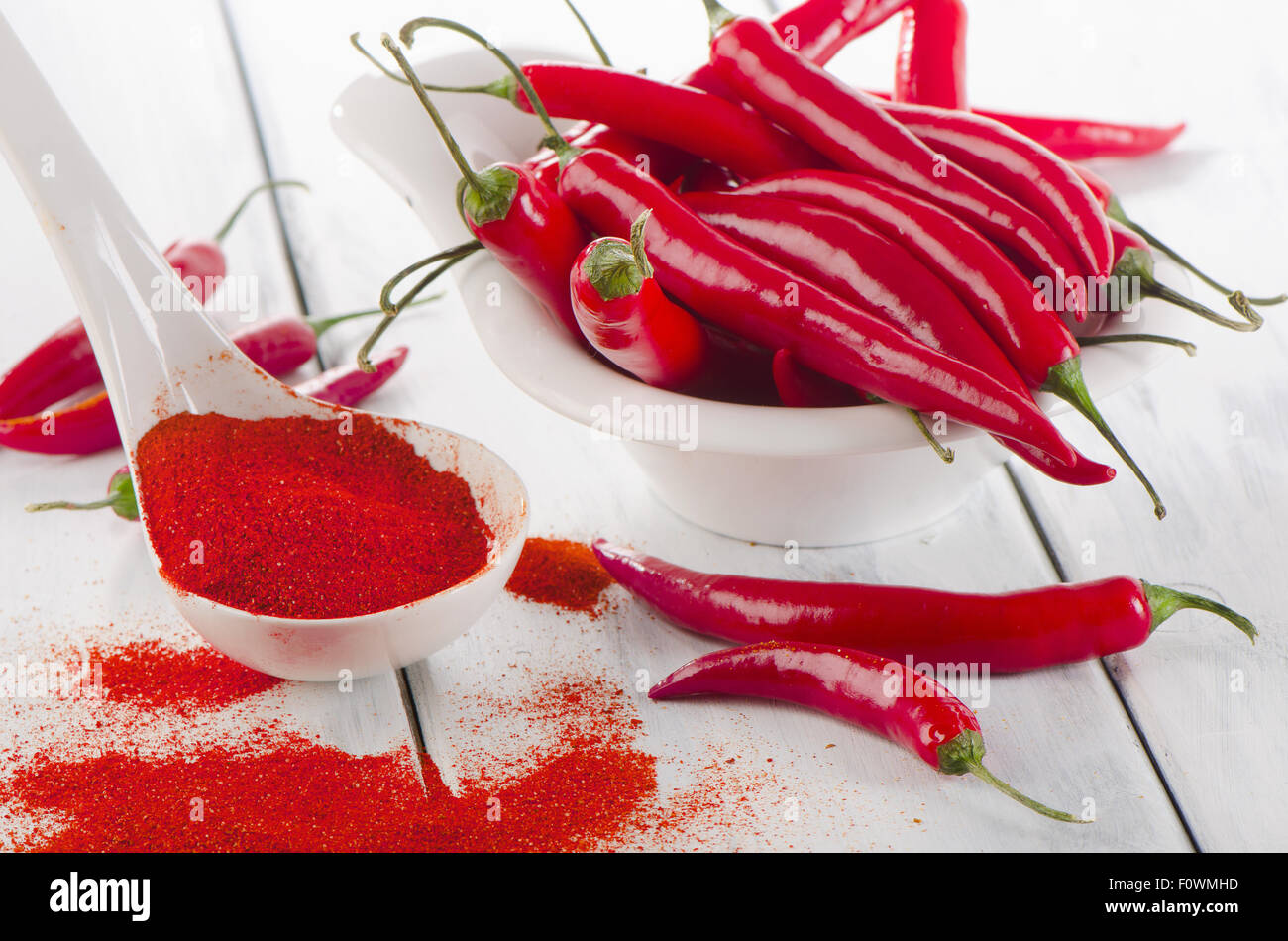 Red chili peppers in   white bowl. Selective focus Stock Photo