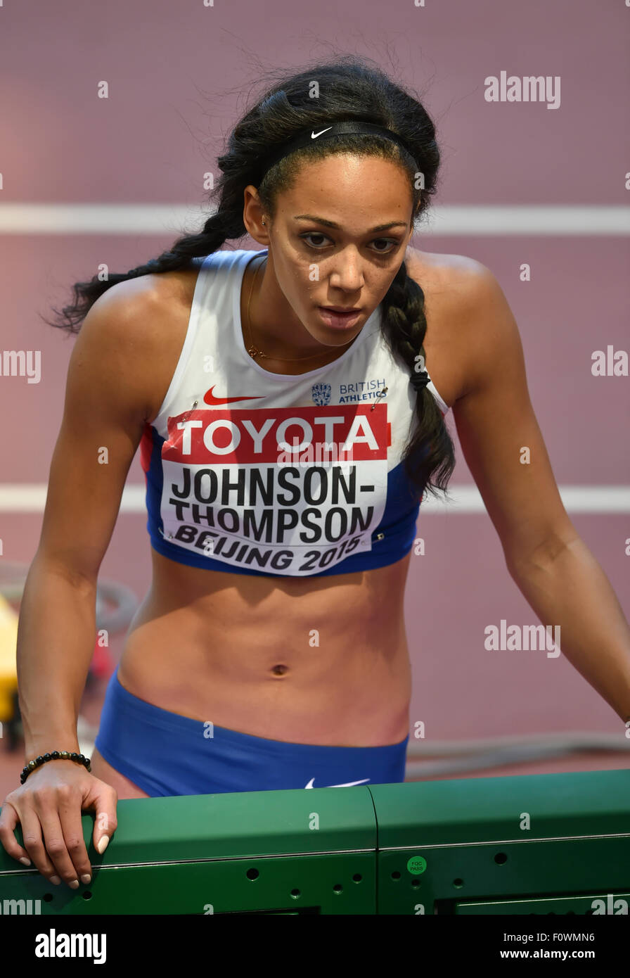 Beijing, China. 22nd August, 2015. Katarina Johnson-Thompson of Great Britain has a word with her coach during the high jump competition of the women heptathlon during day 1 of the 2015 IAAF World Championships at National Stadium on August 22, 2015 in Beijing, China. (Photo by Roger Sedres/Alamy Live News) Stock Photo