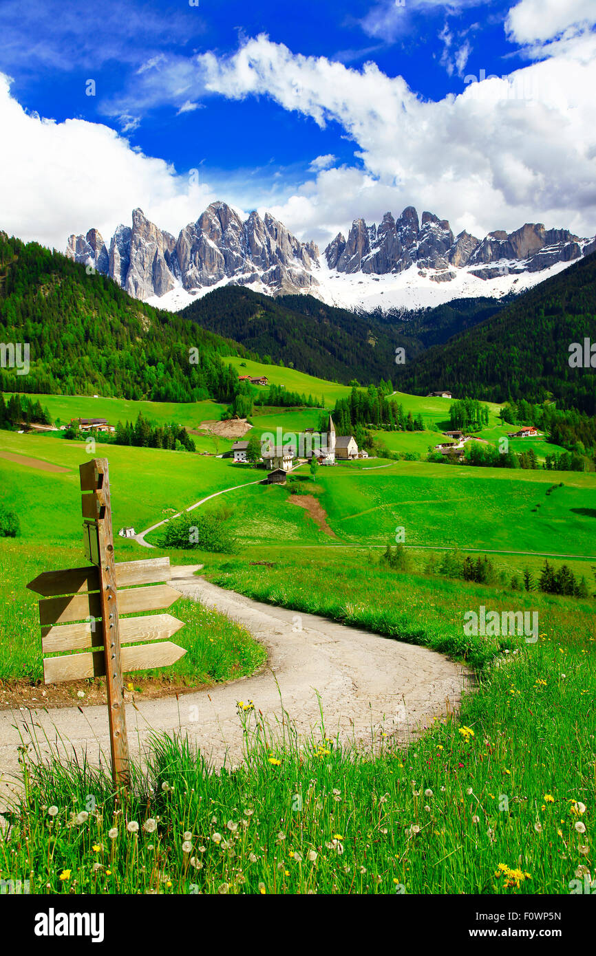 Impressive Dolomites mountains. Val di Funes countryside, Italy Stock Photo