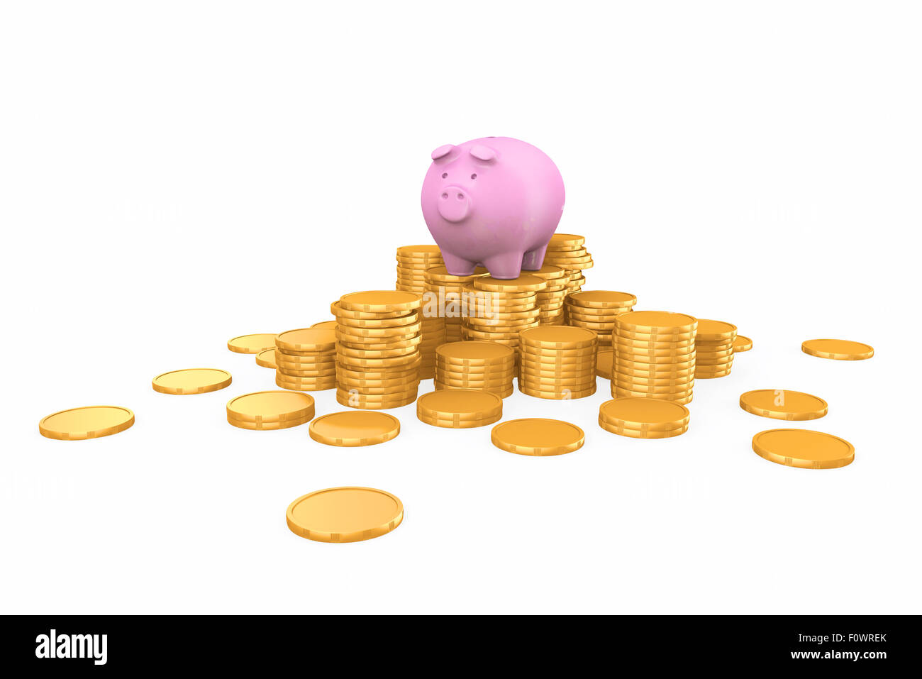 Pink piggy bank standing on golden coins stack isolated on white with ...