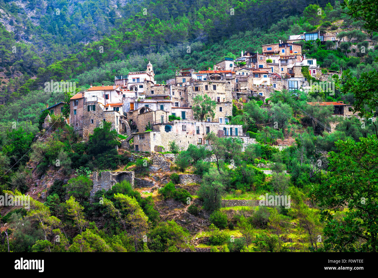 Impressive Saorge village,panoramic view,France. Stock Photo