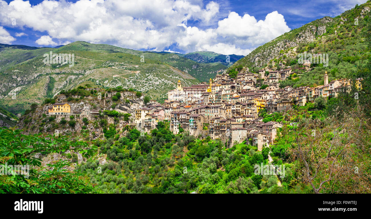 Impressive Saorge village,view with mountains,France. Stock Photo