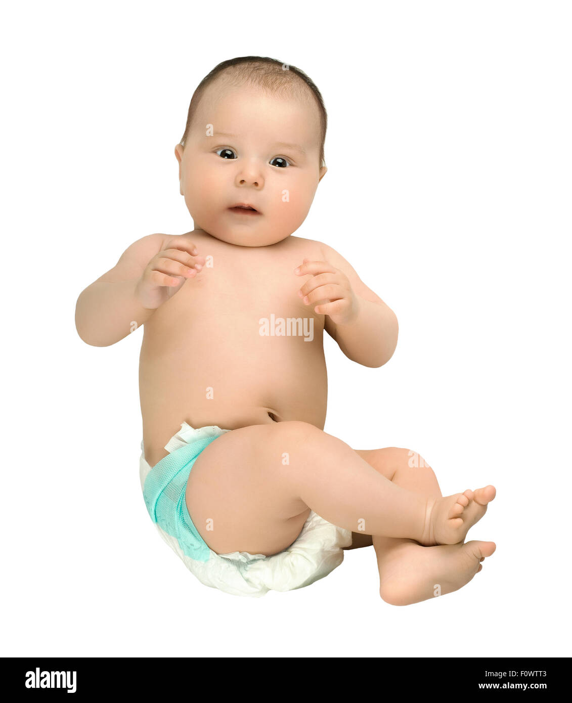 the beautiful  newborn kid ,  stare to lens, lie in diaper, on white background,  isolated Stock Photo