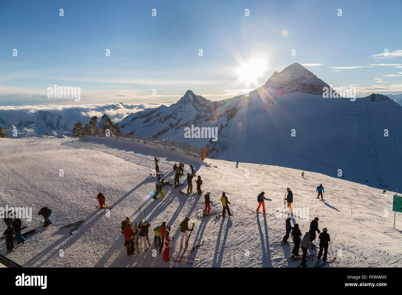 Ski trip at Hintertux Glacier with gondolas, ski runs and pistes in Ziilertal Alps. Austria Stock Photo