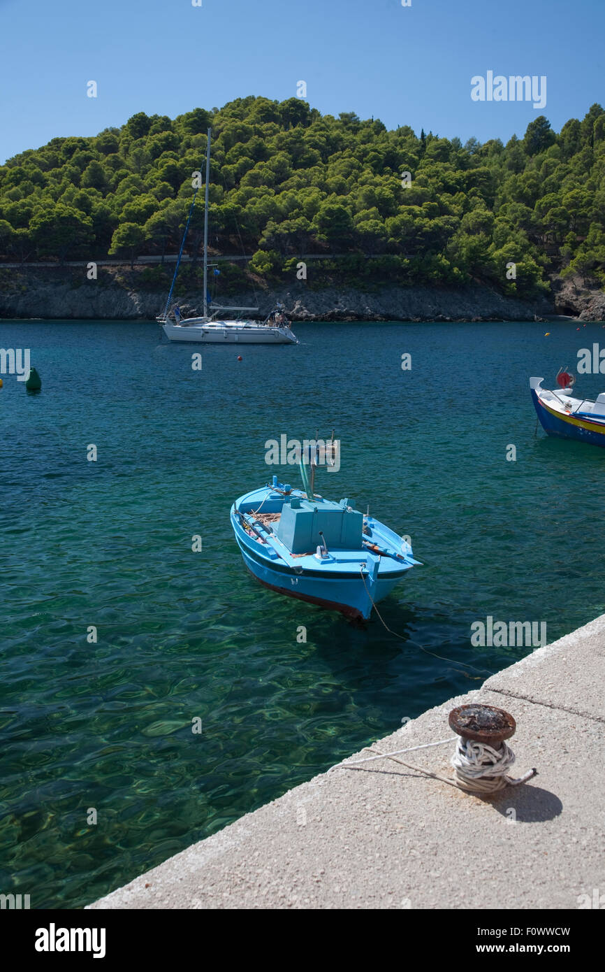 A small fishing boat in the harbour  at Assos on the  Greek Island of Kefalonia, home to the film, 'Captain Corelli's Mandolin' Stock Photo