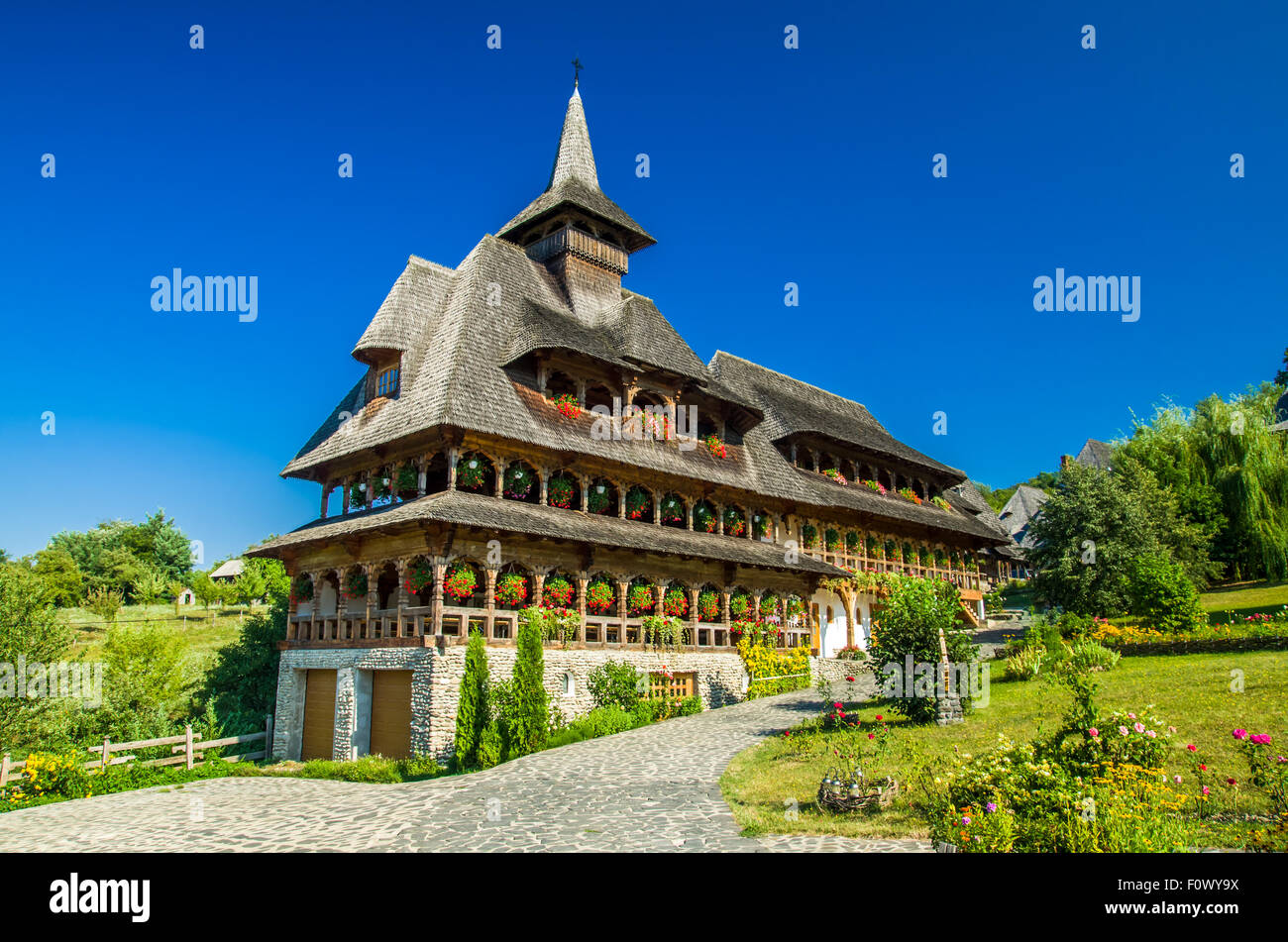 Barsana wooden monastery, Maramures, Romania. Birsana monastery is one of the main point of interest in Maramures county. Stock Photo