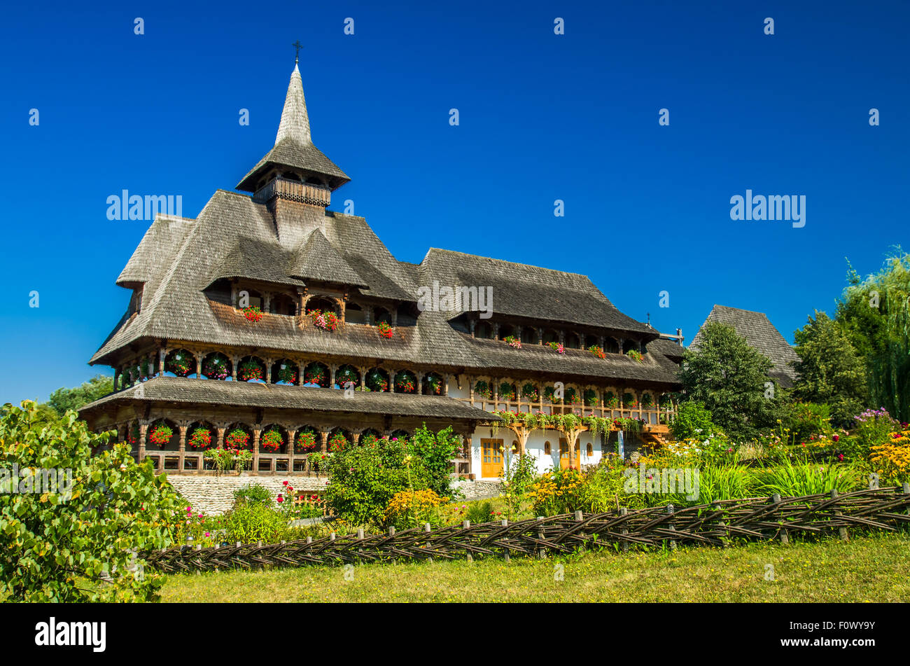 Barsana wooden monastery, Maramures, Romania. Birsana monastery is one of the main point of interest in Maramures county. Stock Photo