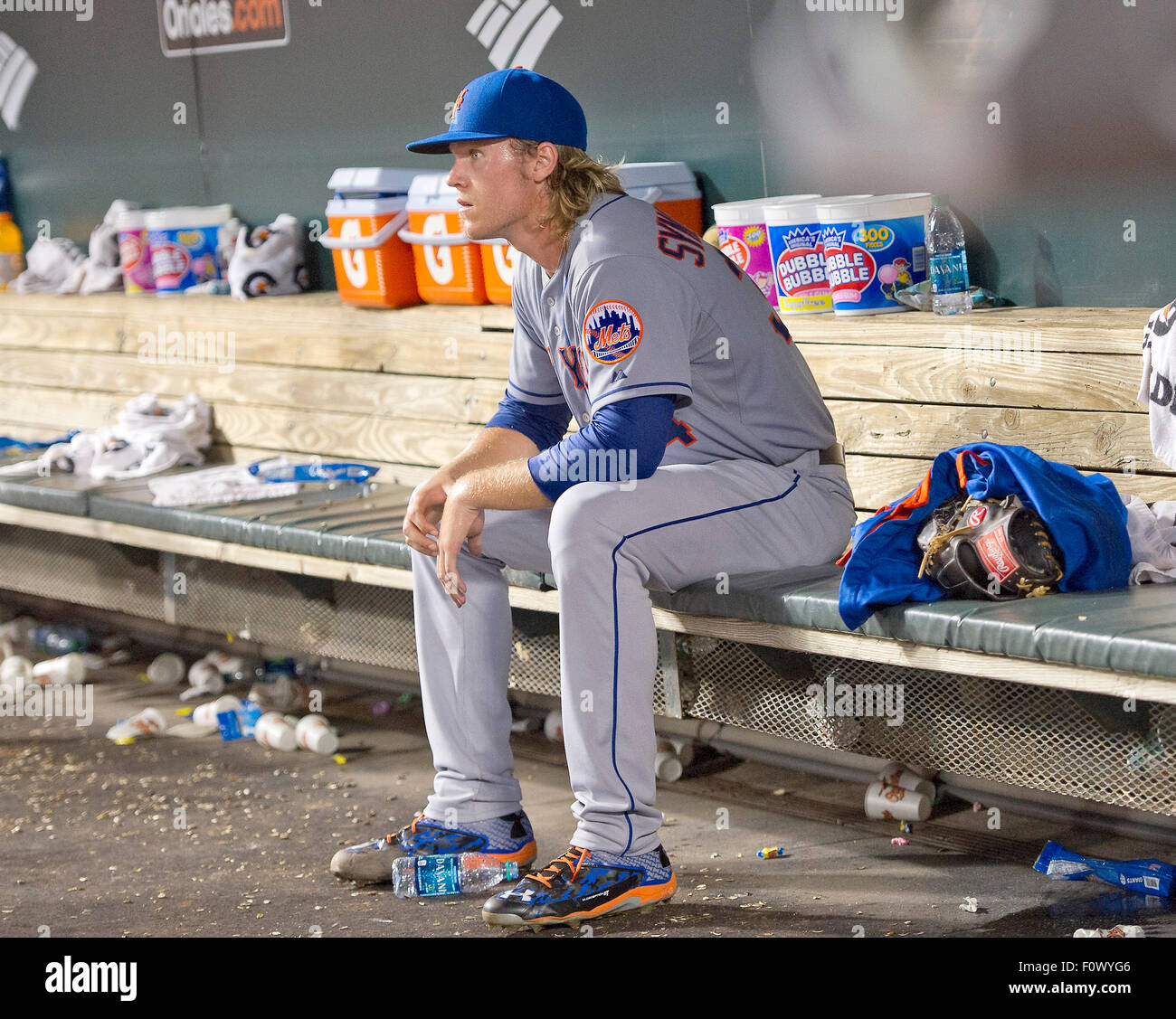 New York Mets starting pitcher Noah Syndergaard (34) sits alone in the dugout after being taken out of the game in the sixth inning against the Baltimore Orioles at Oriole Park at Camden Yards in Baltimore, Maryland on Wednesday, August 19, 2015. The Orioles won the game 5 - 4. Credit: Ron Sachs/CNP (RESTRICTION: NO New York or New Jersey Newspapers or newspapers within a 75 mile radius of New York City) - NO WIRE SERVICE - Stock Photo