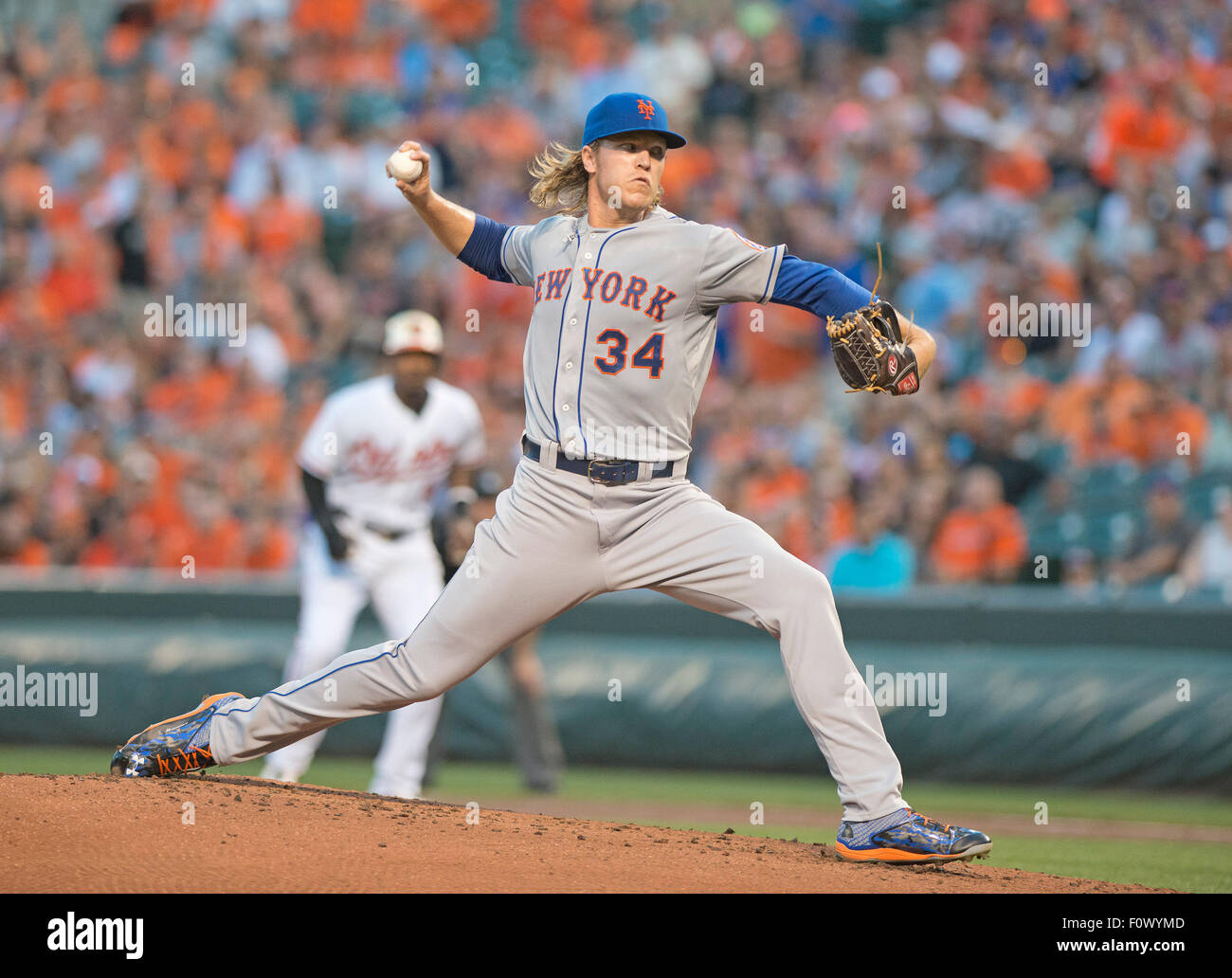 New York Mets starting pitcher Noah Syndergaard (34) works in the first inning against the Baltimore Orioles at Oriole Park at Camden Yards in Baltimore, Maryland on Wednesday, August 19, 2015. The Orioles won the game 5 - 4. Credit: Ron Sachs/CNP (RESTRICTION: NO New York or New Jersey Newspapers or newspapers within a 75 mile radius of New York City) - NO WIRE SERVICE - Stock Photo
