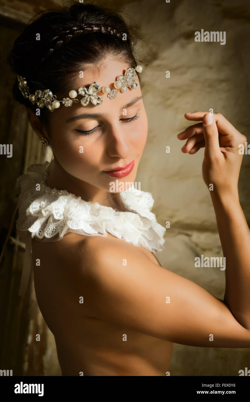 Fine art renaissance portrait of a woman wearing a lace collar in the style of the old masters Stock Photo