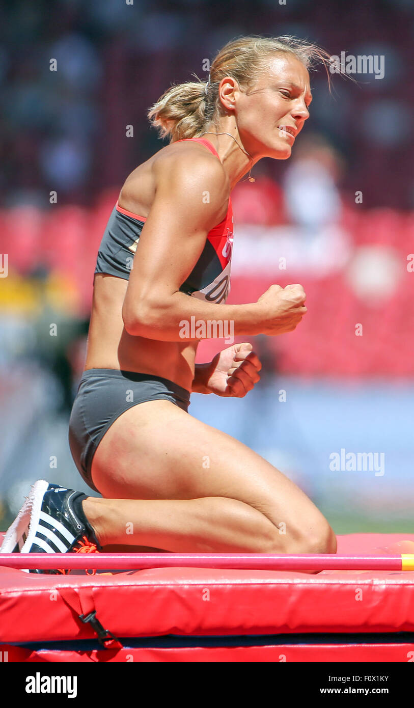 Beijing, China. 22nd Aug, 2015. Germany's Jennifer Oeser competes in the high jump segment of the heptathlon competition at the 15th International Association of Athletics Federations (IAAF) Athletics World Championships at the National stadium, known as Bird's Nest, in Beijing, China, 22 August 2015. Photo: Michael Kappeler/dpa/Alamy Live News Stock Photo