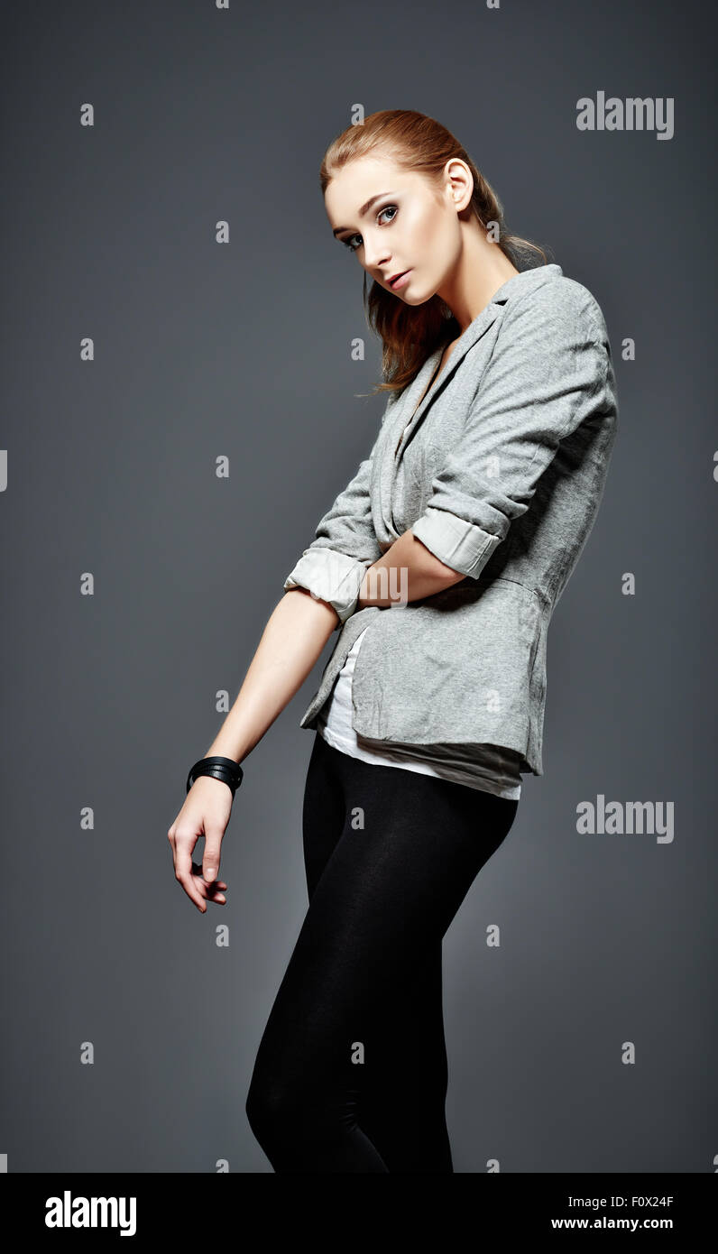 Blonde girl in black leggings hi-res stock photography and images - Alamy