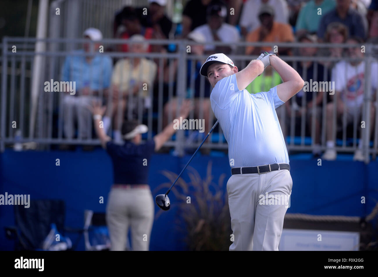 Greensboro, NC, USA. 22nd Aug, 2015. Branden Grace tees off on hole 1 during the third round of the 2015 Wyndham Championship at Sedgefield Country Club in Greensboro, NC. PJ Ward-Brown/CSM/Alamy Live News Stock Photo