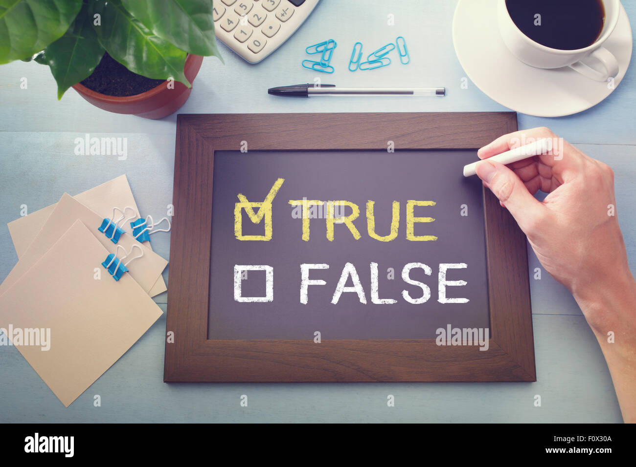 True or False checkboxes with True checked, sketched on a little black chalkboard Stock Photo