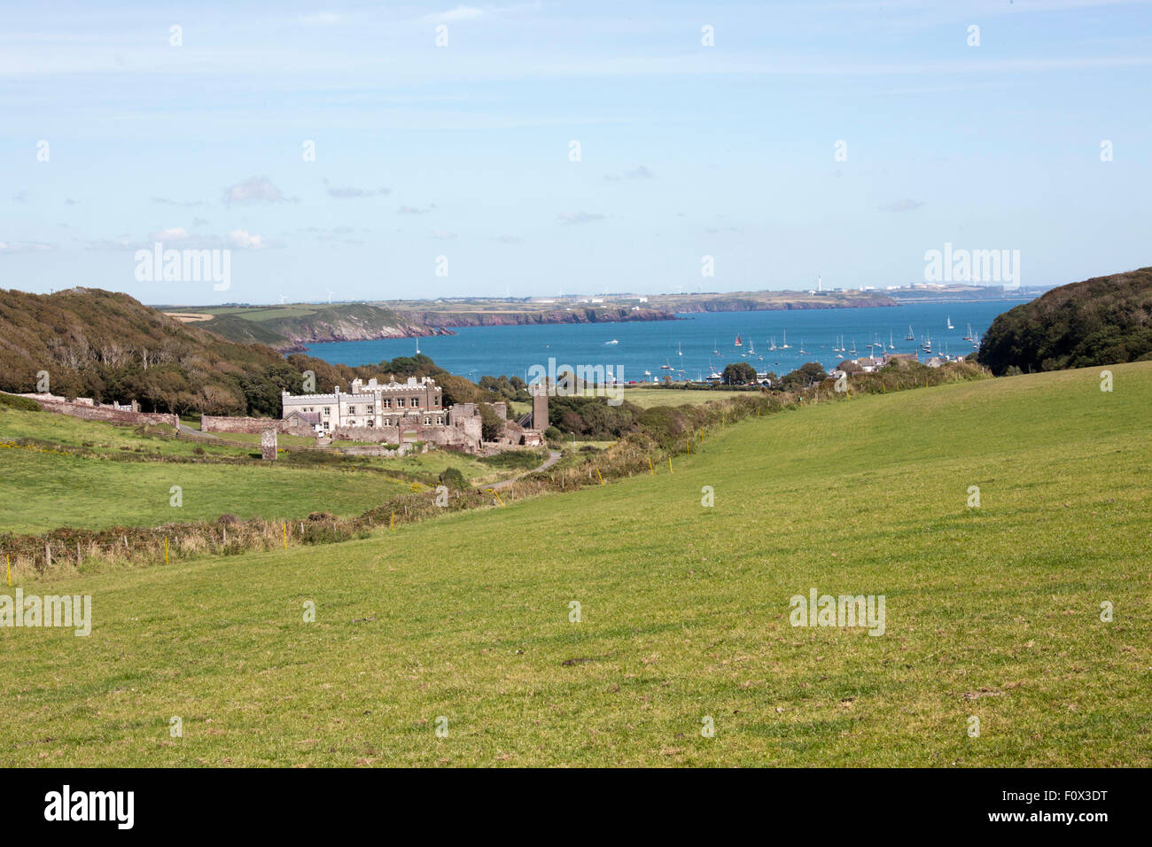 Aerial View of Dale Castle and Church, Pembrokeshire Wales, UK