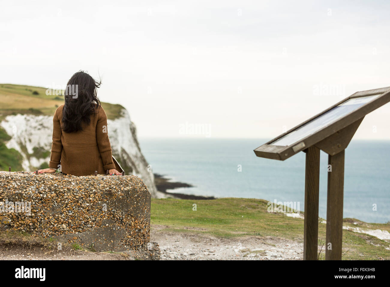Back of a young woman sitting on a rock and looking at the sea. The ...