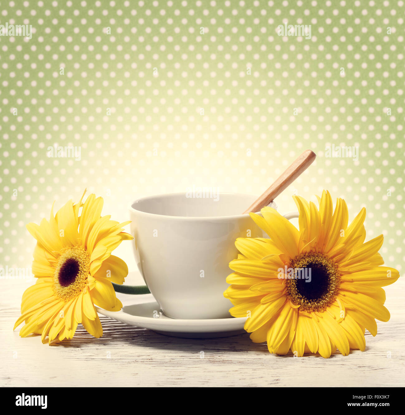 Coffee cup with yellow gerberas over green polka dot background Stock Photo