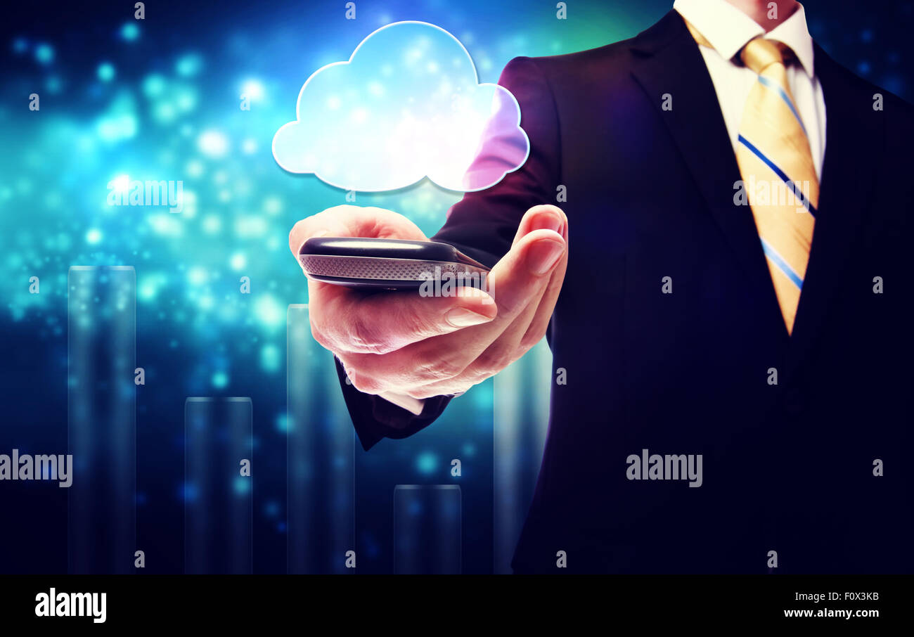 Smart phone cloud connectivity service theme with business man Stock Photo