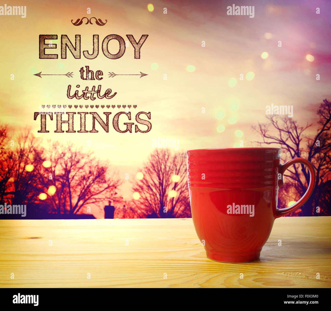 Enjoy the Little Things text, on twilight background, wake up and smell the coffee Stock Photo