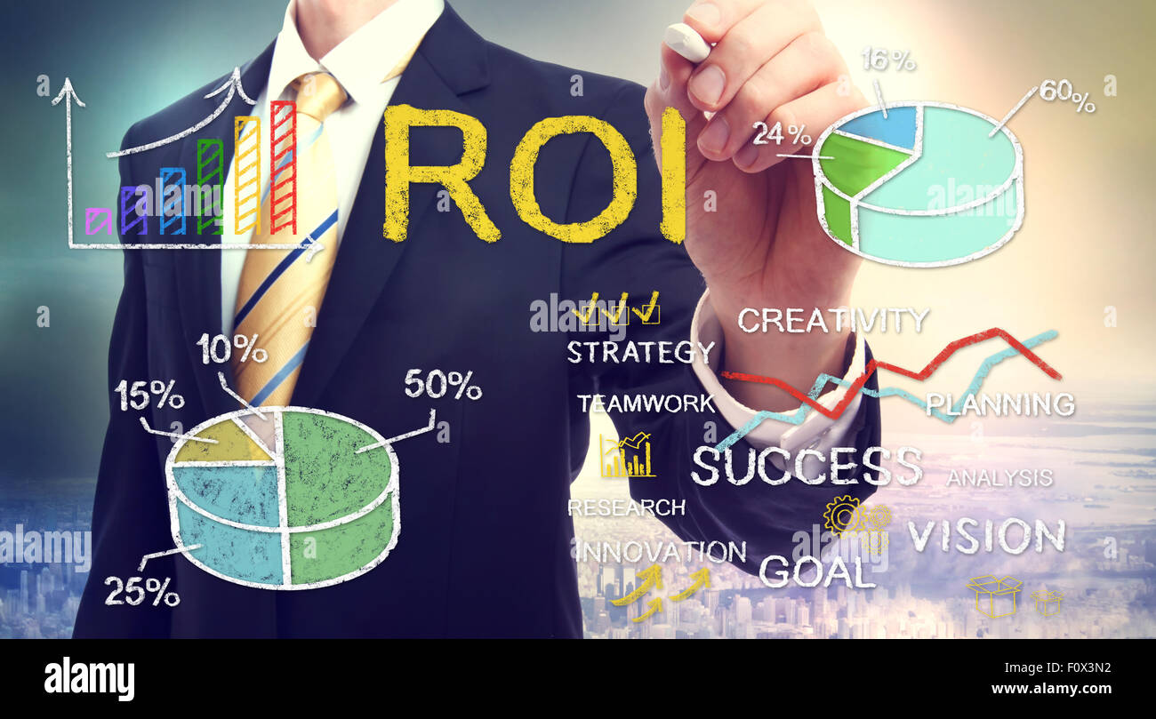 Businessman drawing ROI (return on investment) with graphs Stock Photo