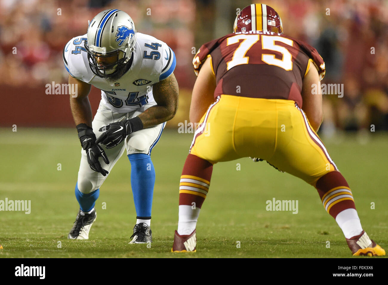 AUG 20, 2015 : Detroit Lions outside linebacker DeAndre Levy (54) waits for  the snap on the line during the pre-season matchup between the Detroit  Lions and the Washington Redskins at FedEx