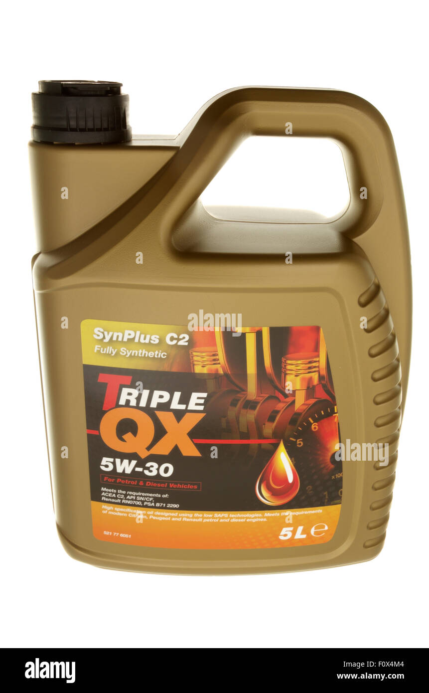 Five Litre container of Triple QX Synplus C2 5W - 30 fully synthetic motor oil Stock Photo