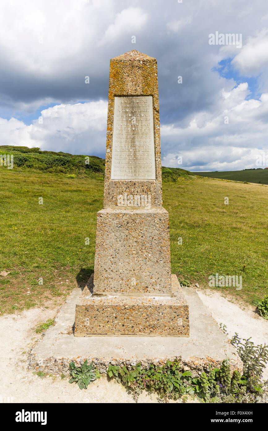 Obelisk built in memory of the soldiers death during WWII. The Seven Sisters Cliffs, South Down National Park, East Sussex, UK Stock Photo