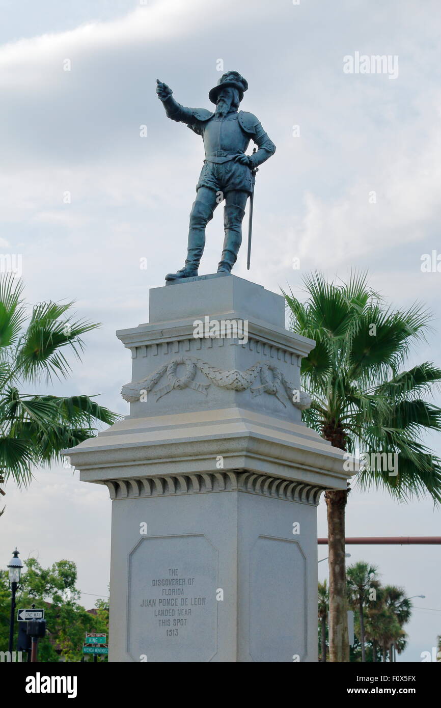 Statue of Ponce de Leon near Bridge of Lions - St. Augustine, FL Stock Photo