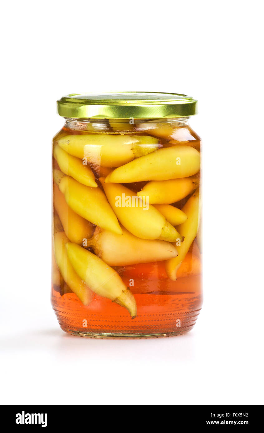 Home-canned hot green peppers Stock Photo