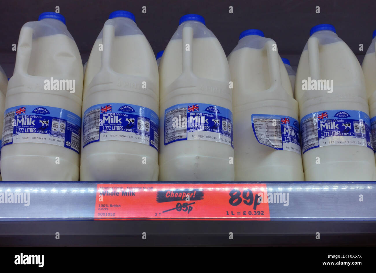 Reduced price British milk on sale in London supermarket Stock Photo