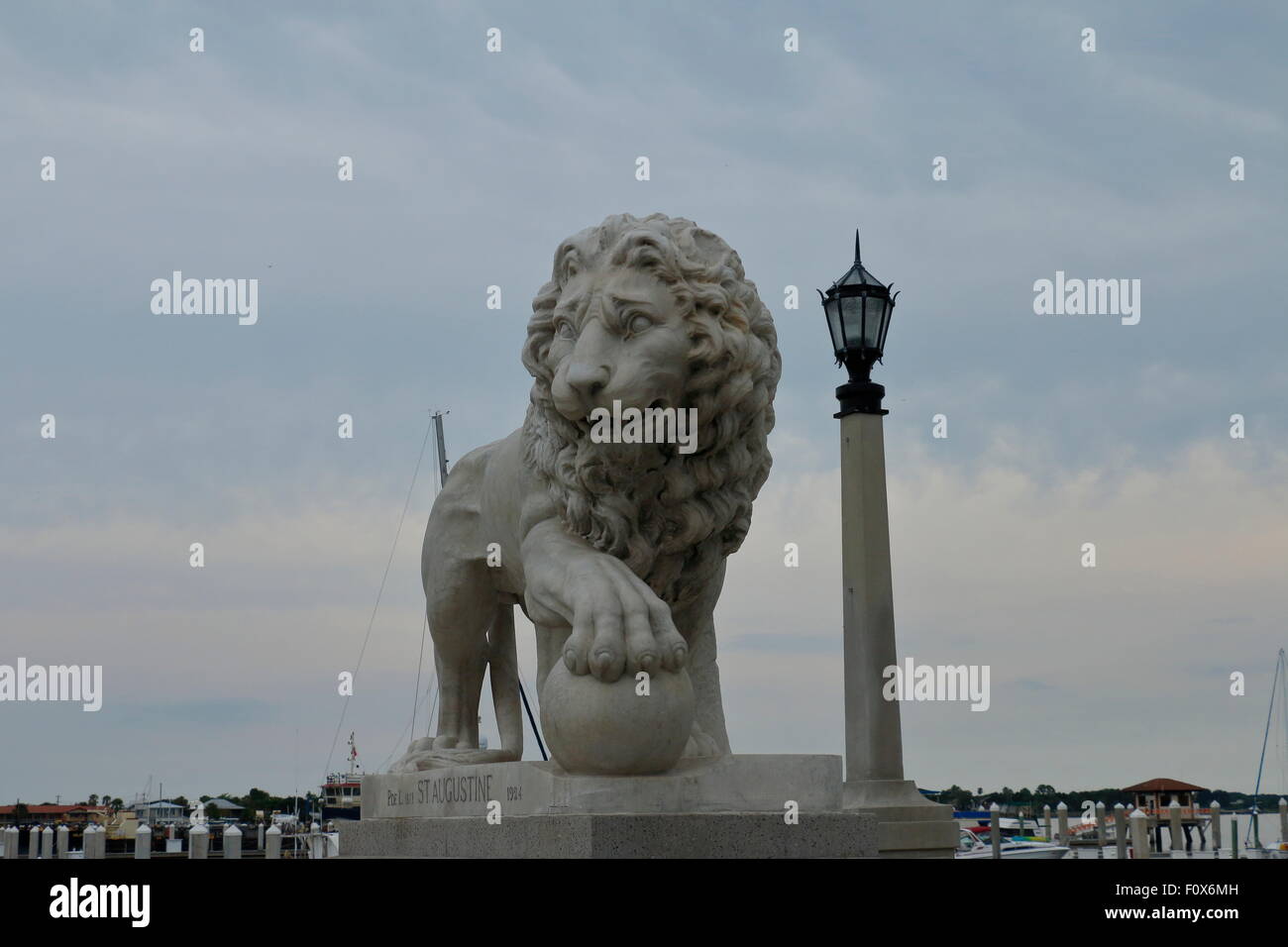 Front full view of lion statue on the south side of the Bridge of Lions