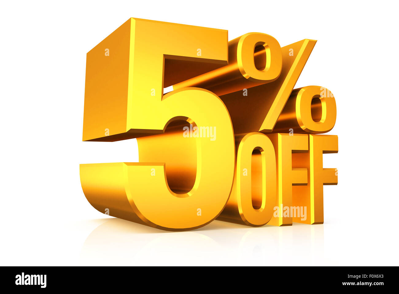 3D render gold text 5 percent off on white background with reflection ...