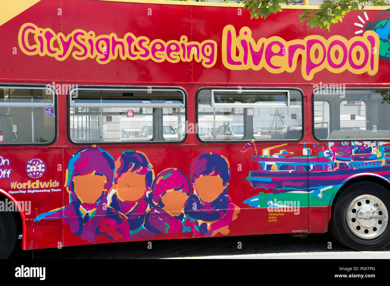Liverpool, tourist bus with images of the Beatles pop group Stock Photo