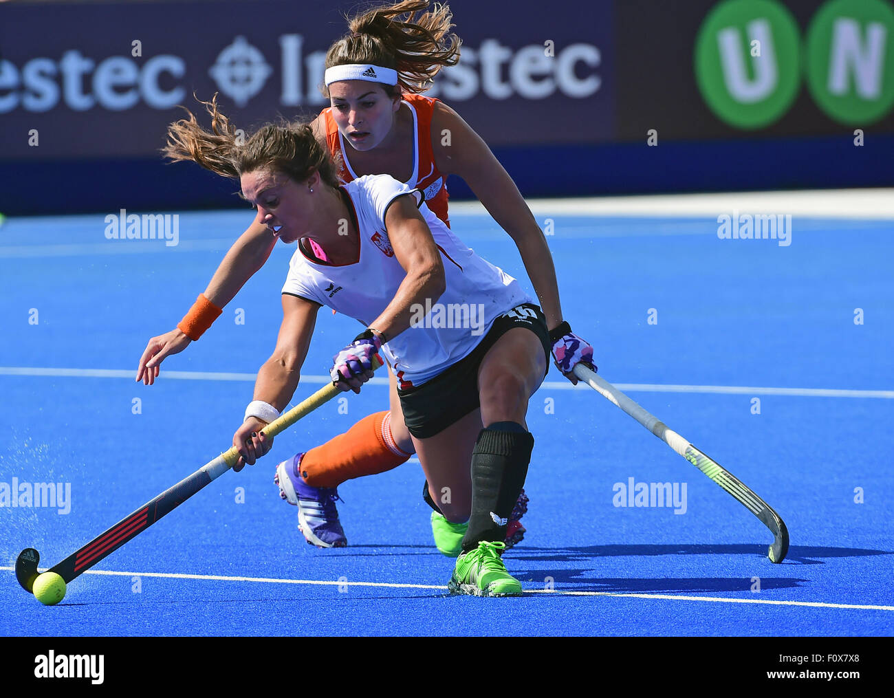 Lea Valley, London, UK. 22nd Aug, 2015. Unibet EuroHockey Championships Day 2. Holland versus Poland. Marlena Rybacha (POL) clears the ball Credit:  Action Plus Sports/Alamy Live News Stock Photo