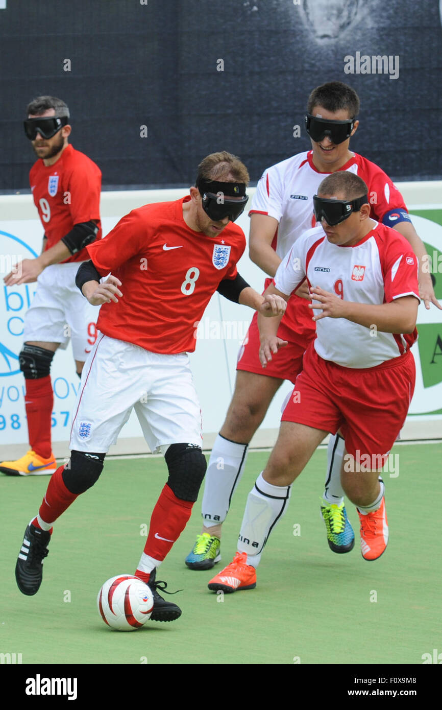 Hereford, UK. 22nd August, 2015. The IBSA Blind Football European Championships 2015 at Point 4, Hereford. England v Poland - England's Jono Heenan on the ball. Credit:  James Maggs/Alamy Live News Stock Photo