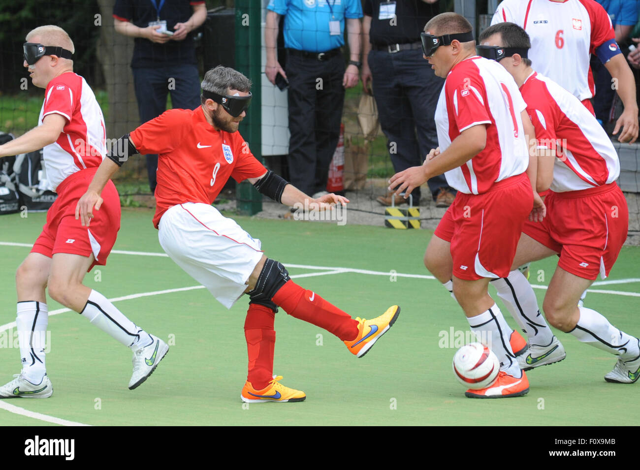 Hereford, UK. 22nd August, 2015. The IBSA Blind Football European Championships 2015 at Point 4, Hereford. England v Poland - England's Roy Turnham shoots. Credit:  James Maggs/Alamy Live News Stock Photo