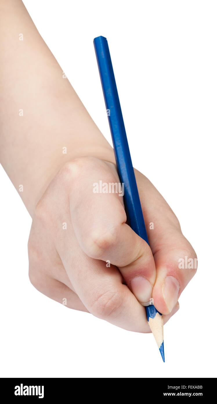 hand paints by blue pencil isolated on white background Stock Photo - Alamy
