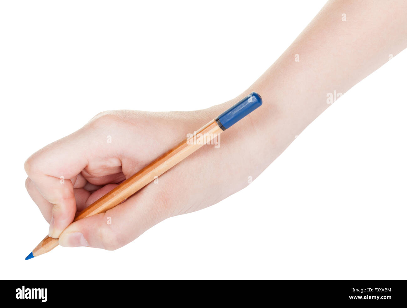 hand paints by wood blue pencil isolated on white background Stock ...