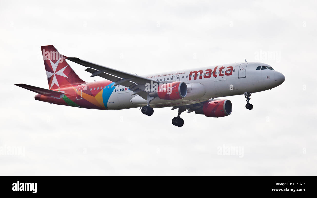 Air Malta Airbus a320 9HAEK coming into land at London Heathrow