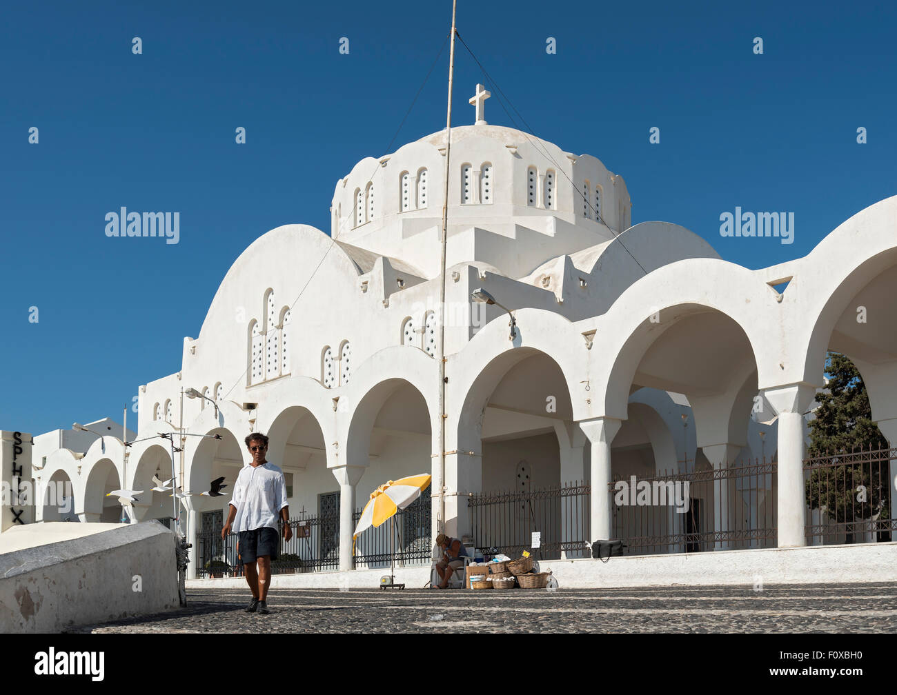 White Orthodox Metropolitan Cathedral of Ypapanti, Fira, Santorini, Greece Stock Photo