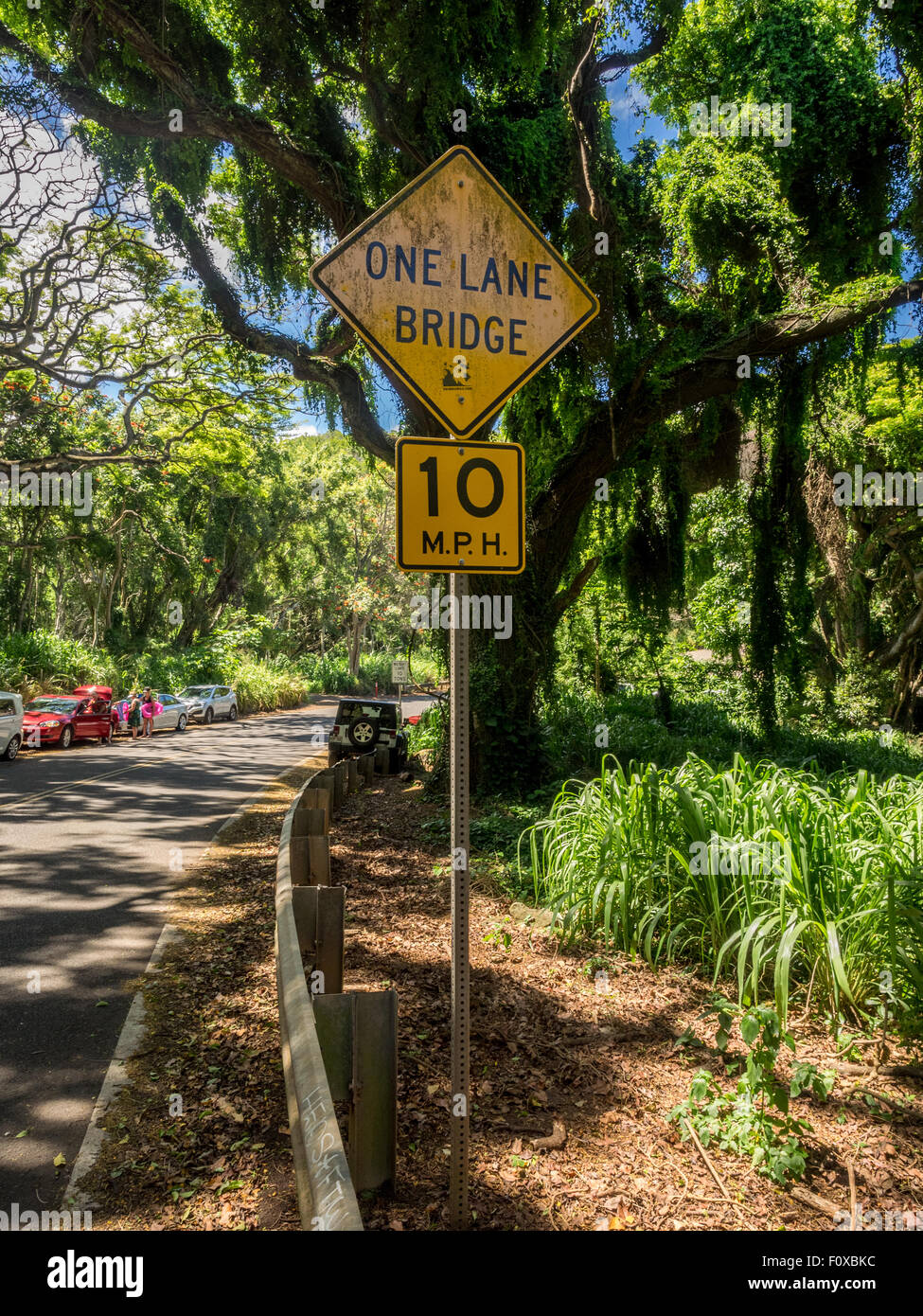 Road/Highway Sign in Maui on the verge of  popular tourist spot warning one lane bridge ahead 10mph max. Stock Photo