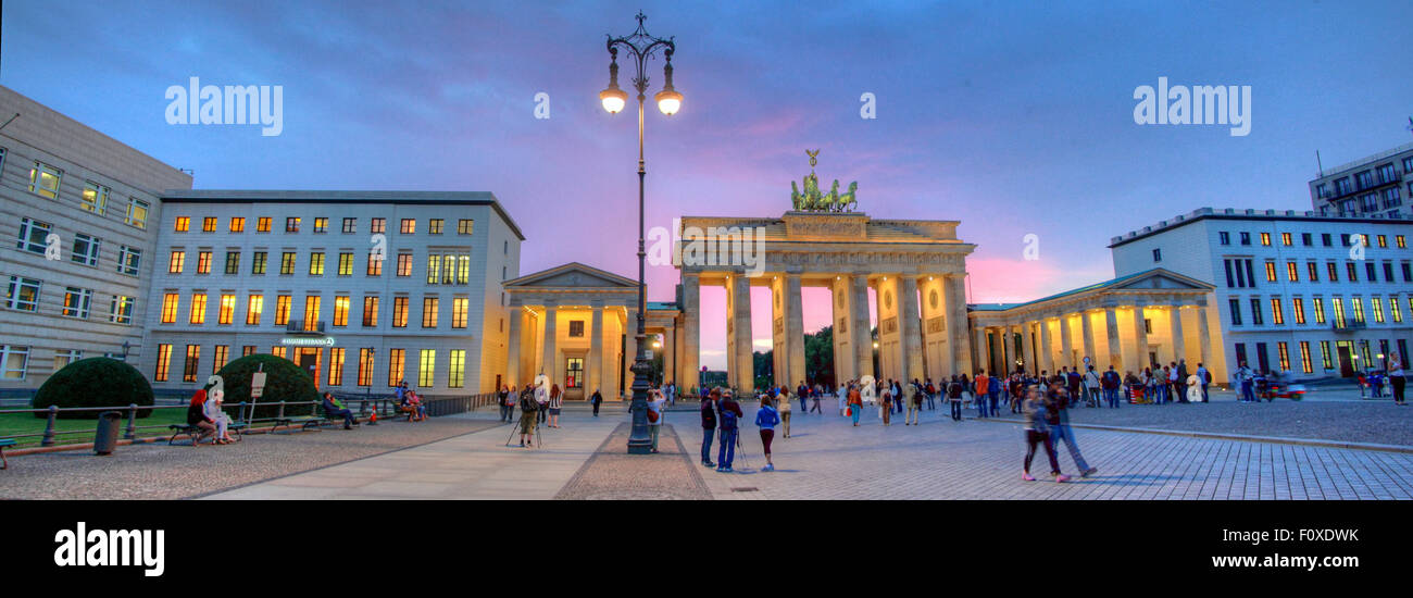 Brandenburg Gate Panorama, in the early evening twilight, Tiergarten,Mitte district, Berlin, Germany, Europe Stock Photo
