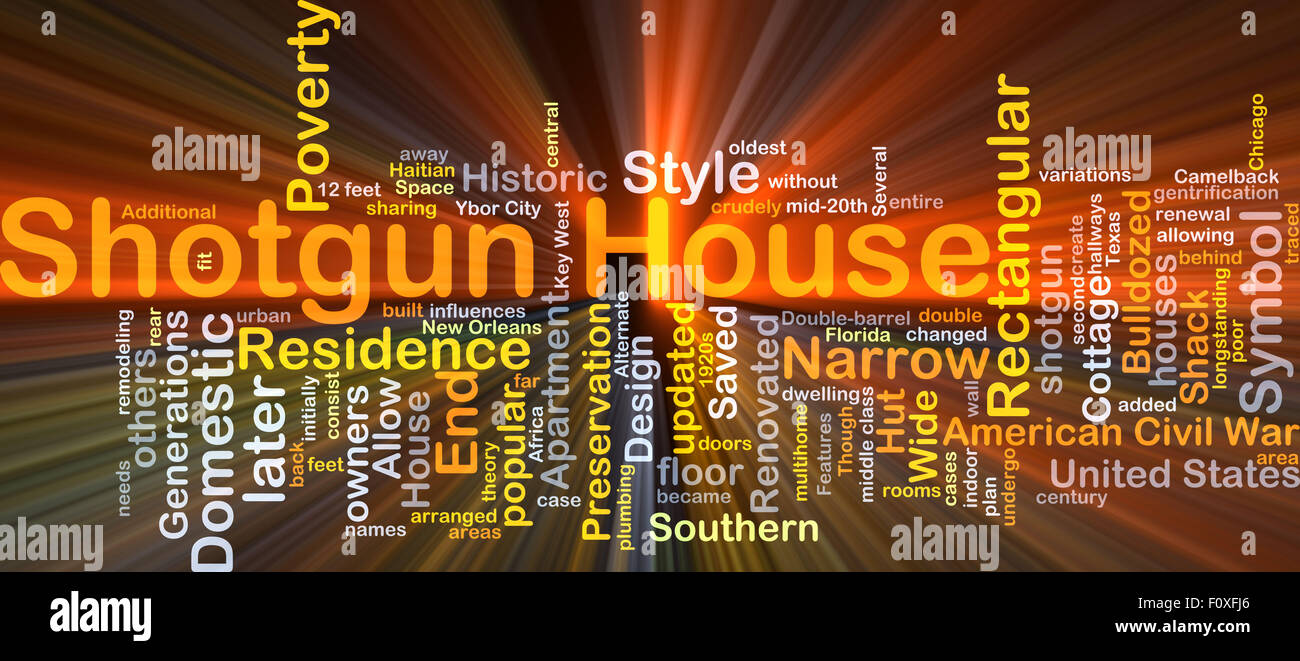 Background concept wordcloud illustration of shotgun house glowing light Stock Photo